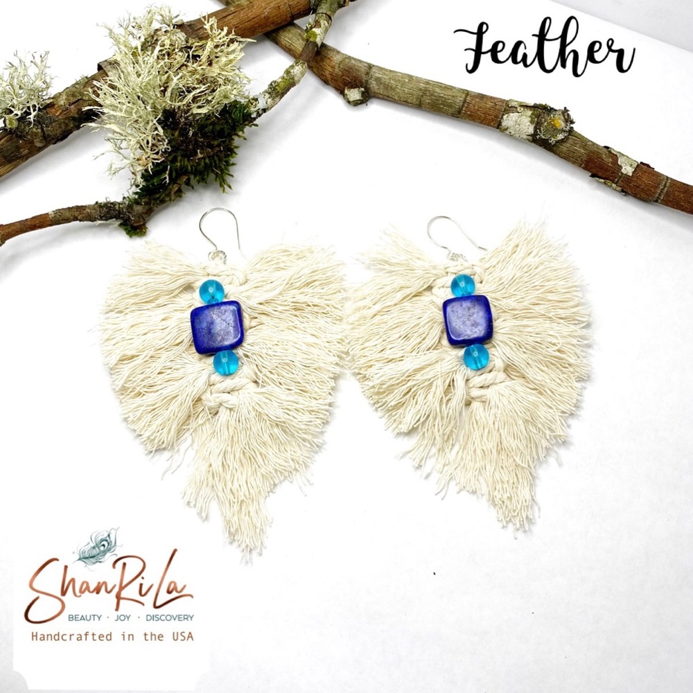 NWT ShanRiLa Macrame Blue Lapis Feather Earrings